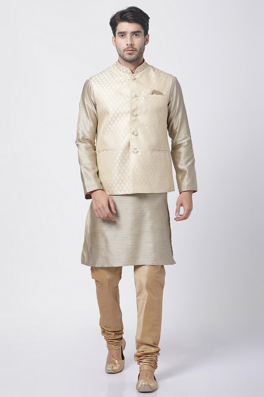 Men's Cotton Art Silk Kurta Set In Beige