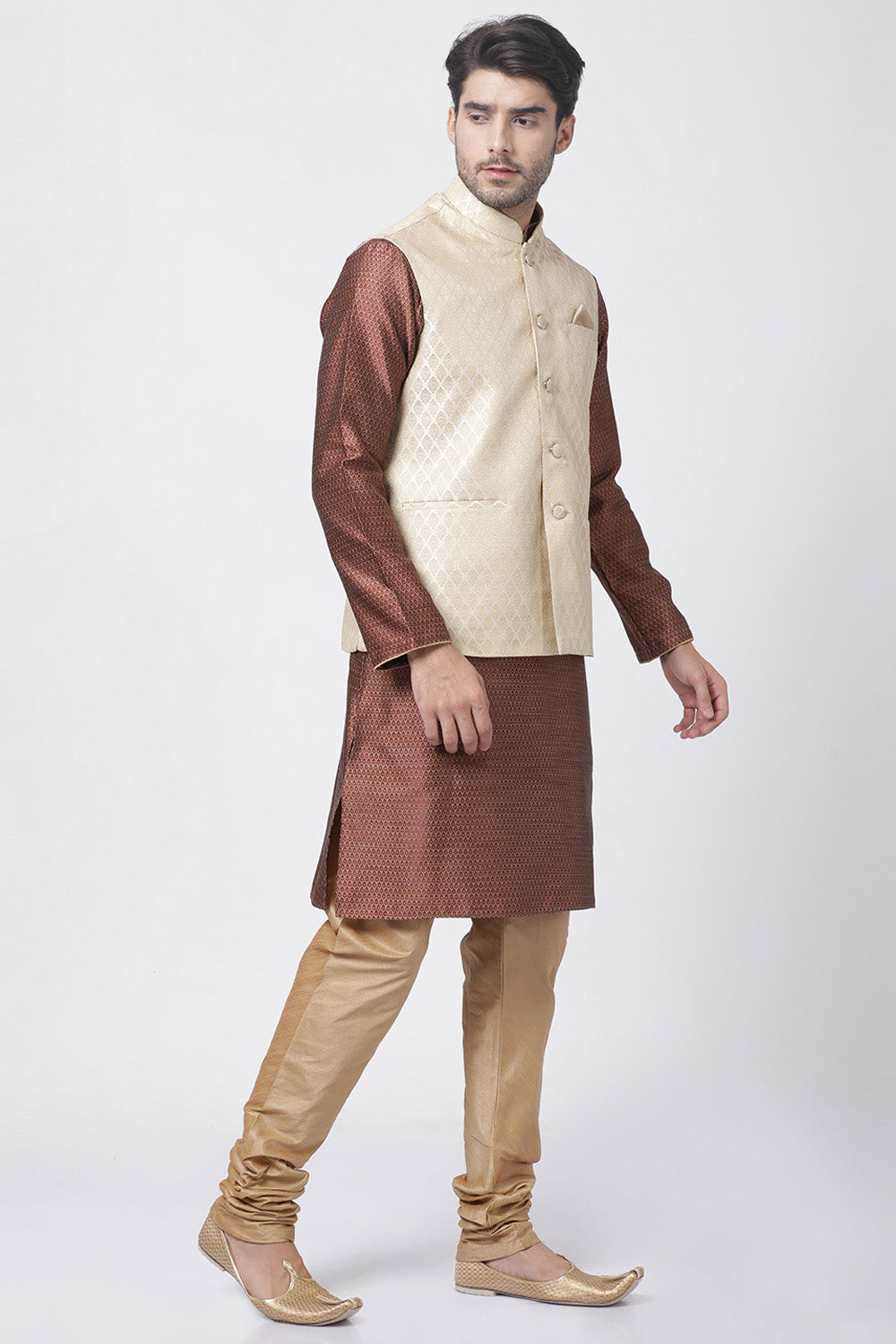 Men's Cotton Art Silk Kurta Set in Brown