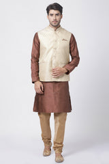 Men's Cotton Art Silk Kurta Set In Brown