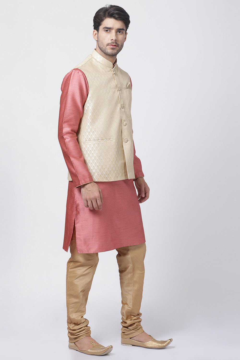 Men's Cotton Art Silk Kurta Set In Pink