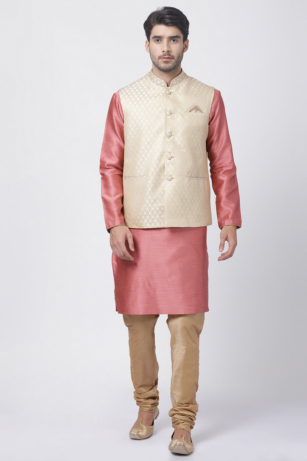 Men's Cotton Art Silk Kurta Set In Pink