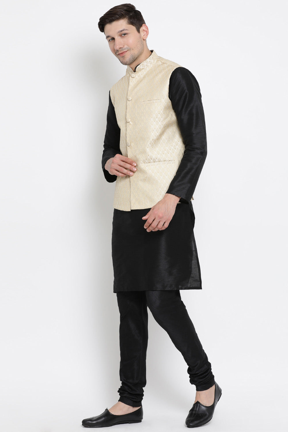 Men's Cotton Art Silk Kurta Set In Black