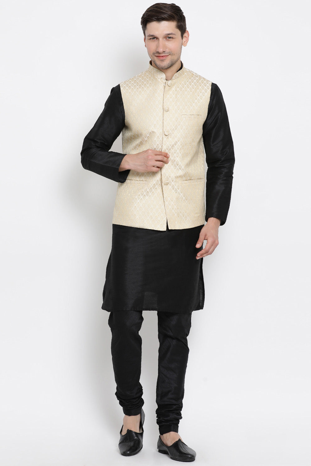 Men's Cotton Art Silk Kurta Set In Black