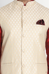 Men's Cotton Art Silk Kurta Set in Maroon