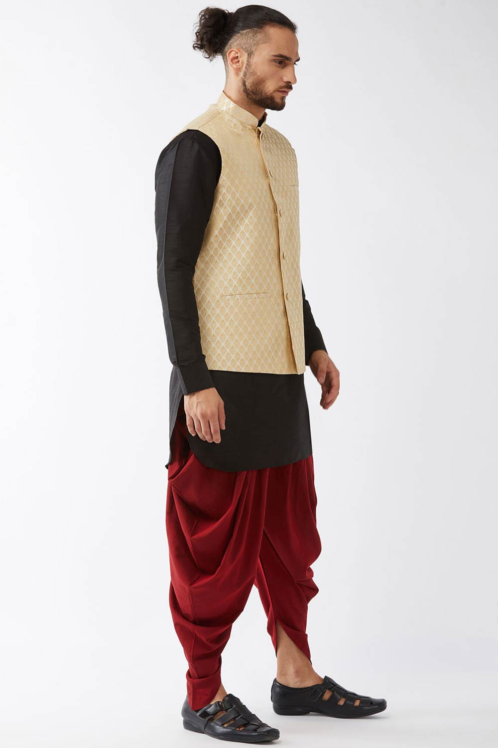 Buy Men's Blended Silk Woven Kurta Set in Black - Front