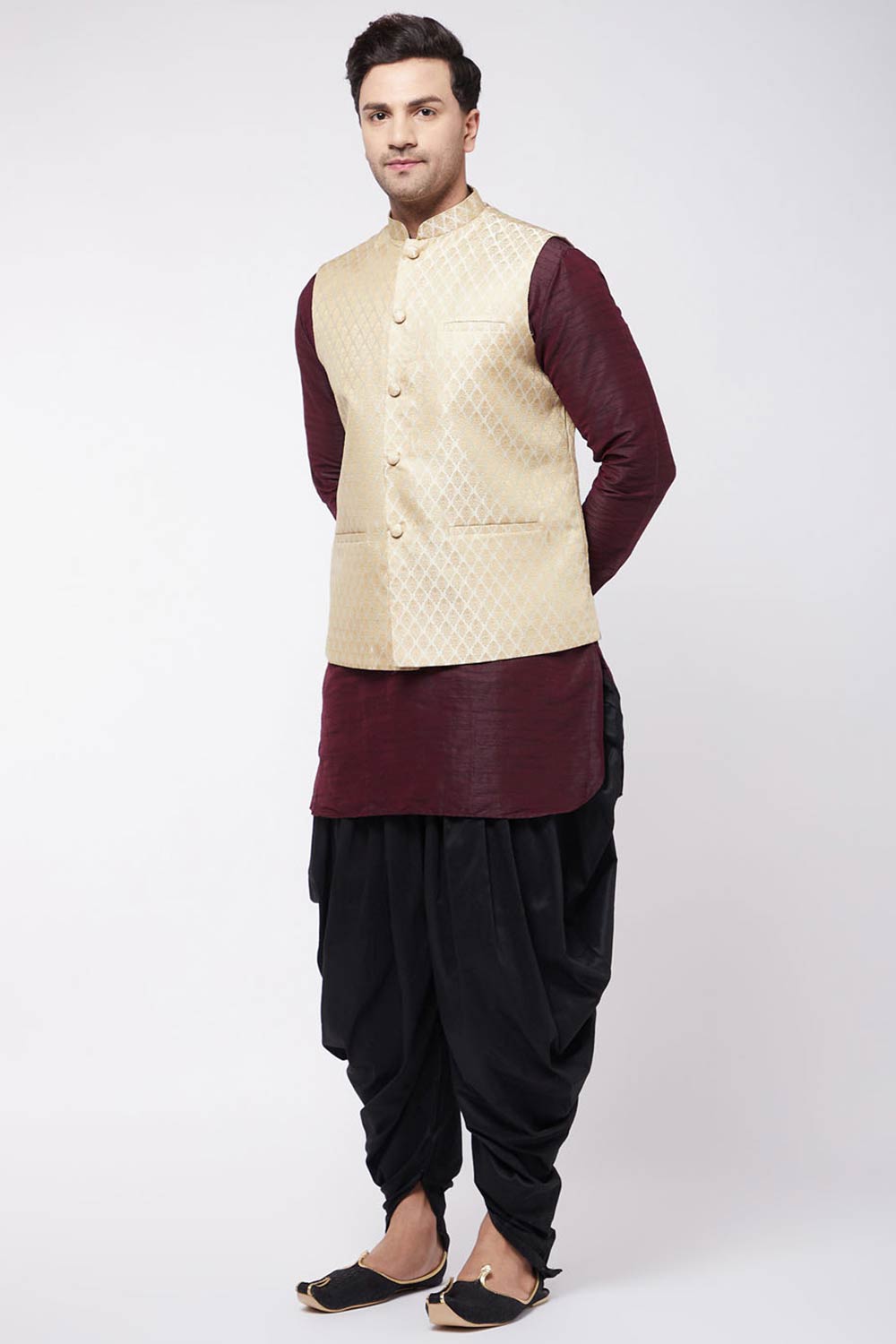 Buy Men's Blended Silk Woven Kurta Set in Wine - Front