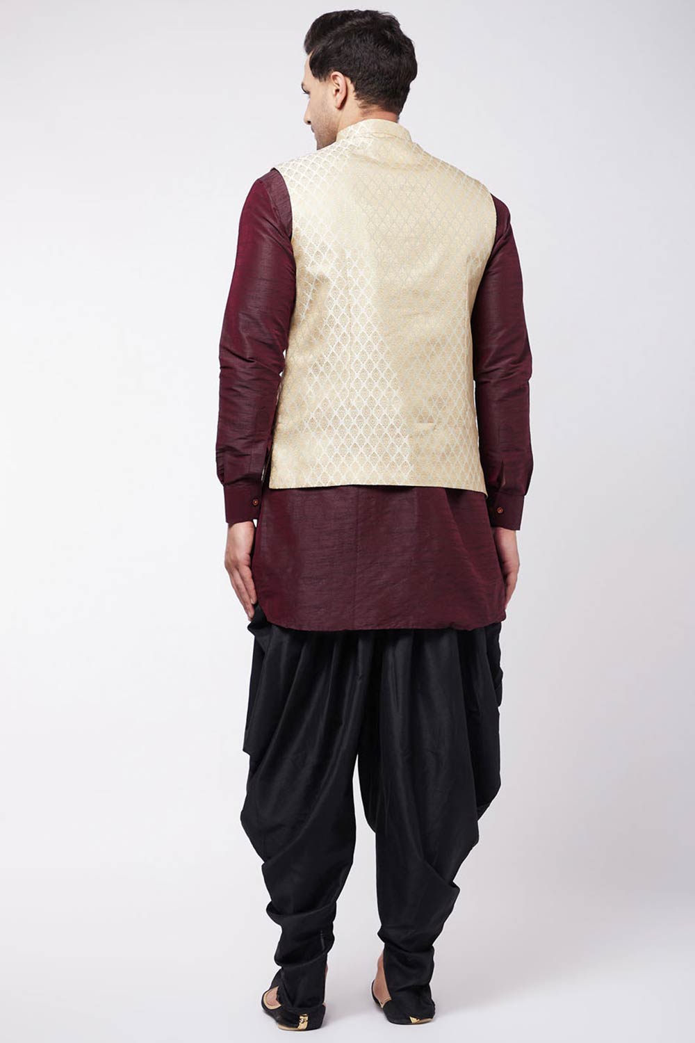 Buy Men's Blended Silk Woven Kurta Set in Wine - Back