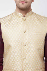 Buy Men's Blended Silk Woven Kurta Set in Wine - Side