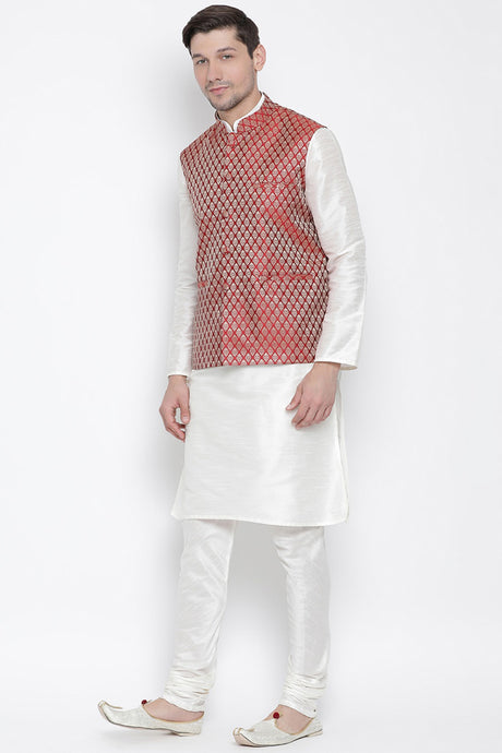 Men's Cotton Silk Jacket Kurta Pyjama Set in White