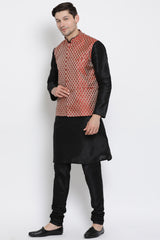 Men's Cotton Art Silk Kurta Set In Black