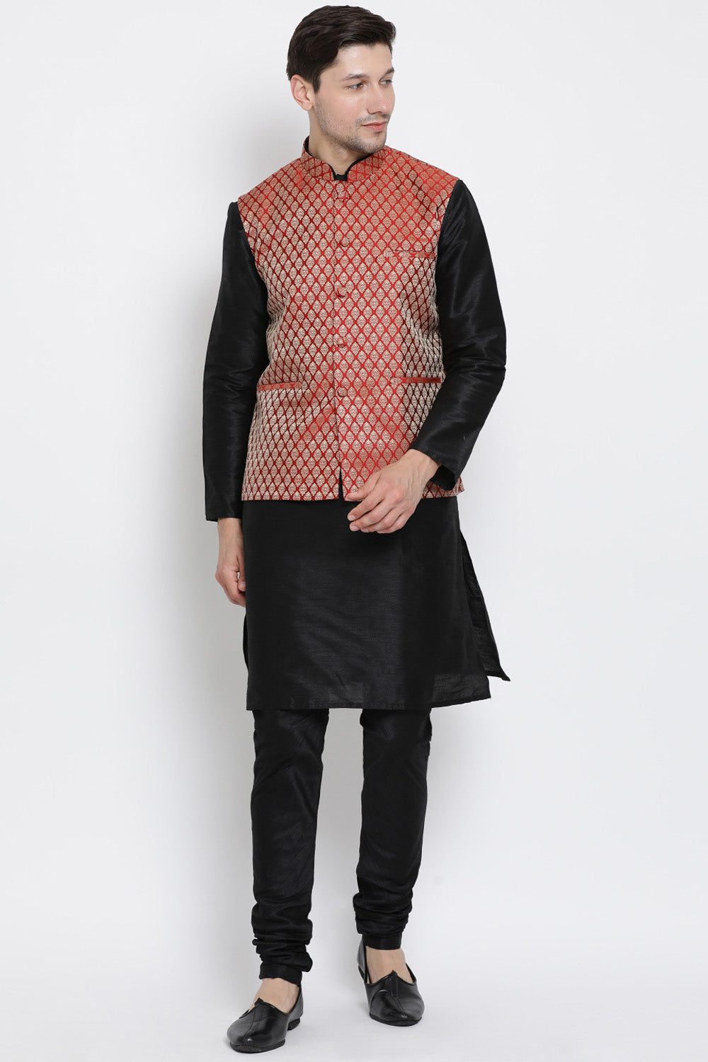 Men's Cotton Art Silk Kurta Set In Black