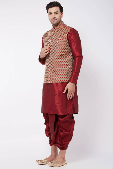 Buy Men's Blended Silk Woven Kurta Set in Maroon - Front