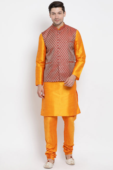 Men's Cotton Art Silk Kurta Set in Orange