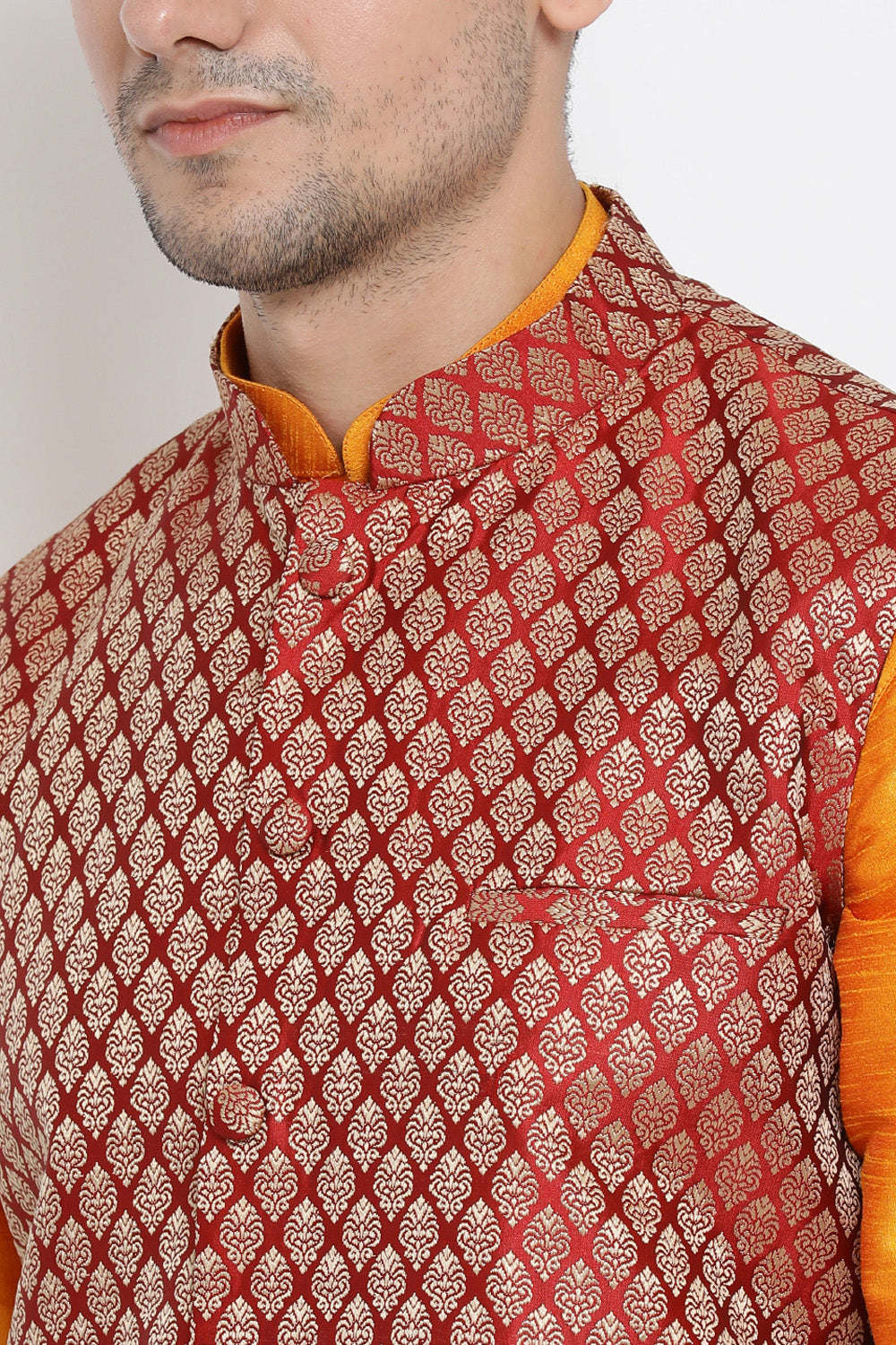 Men's Cotton Art Silk Kurta Set In Orange