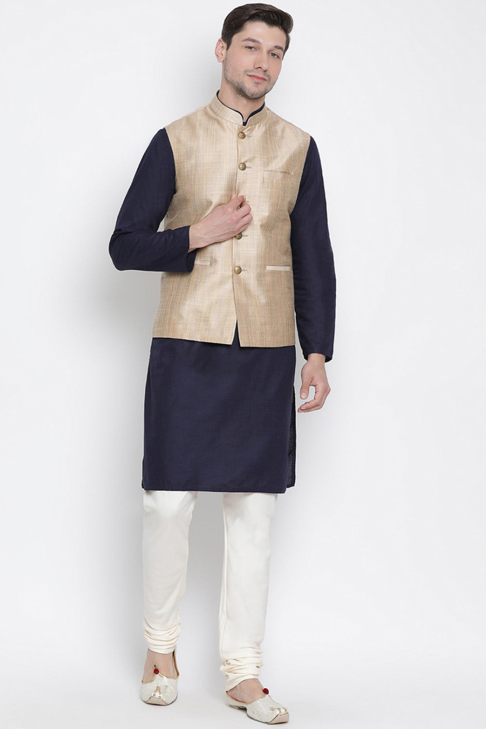 Men's Cotton Jacket Kurta Pyjama Set in Navy Blue