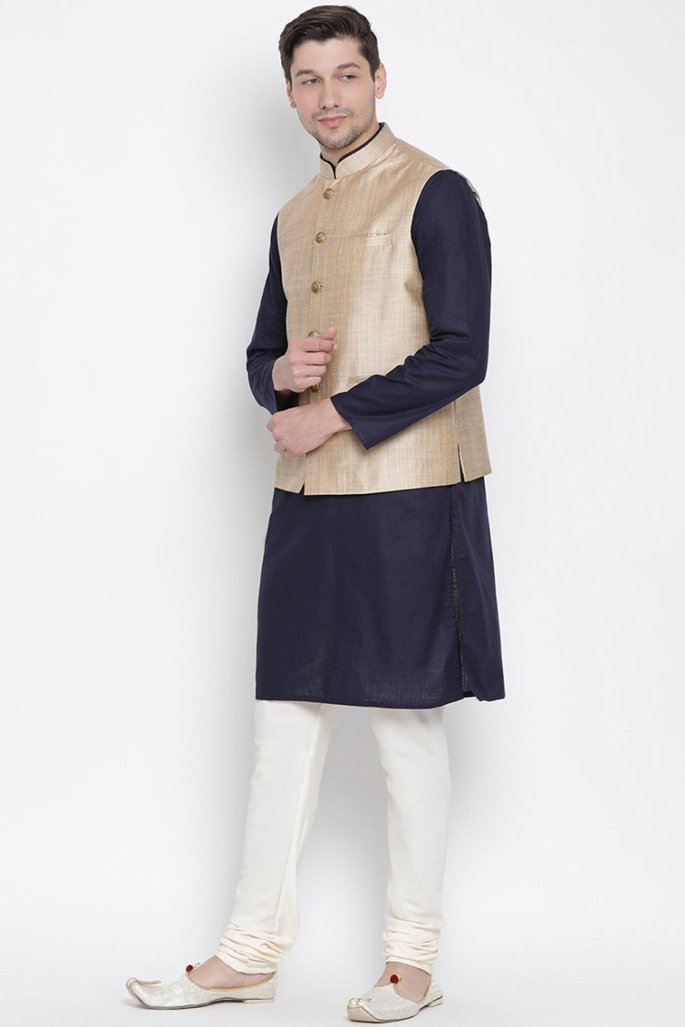 Men's Cotton Jacket Kurta Pyjama Set in Navy Blue