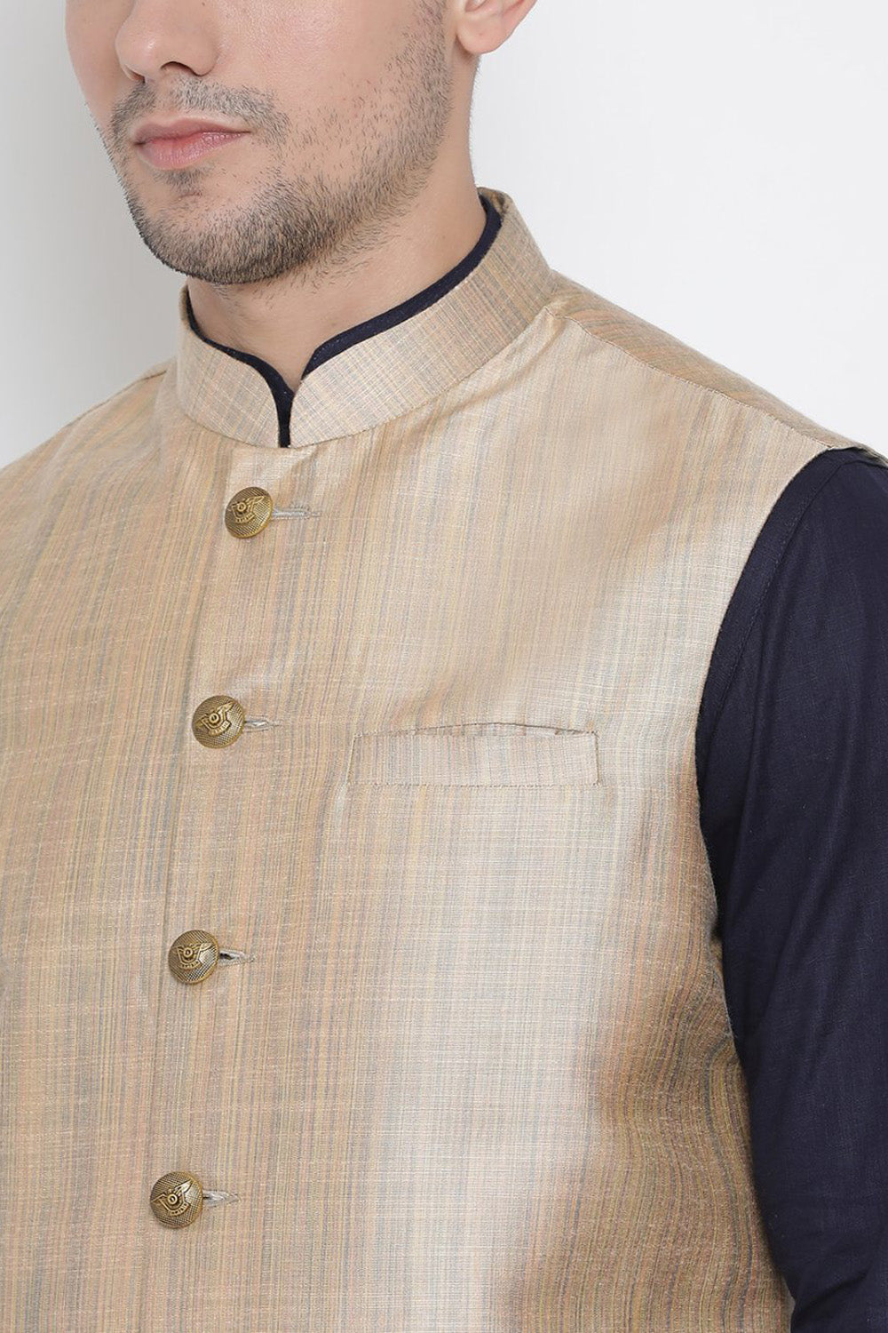 Men's Cotton Jacket Kurta Pyjama Set in Navy Blue