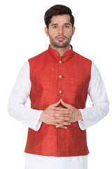 Men's Cotton Blend Woven Modi Nehru Jacket In Maroon