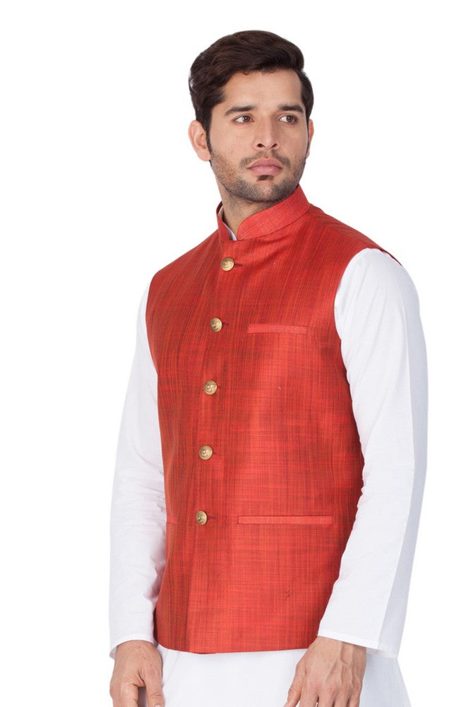 Men's Cotton Blend Woven Modi Nehru Jacket In Maroon