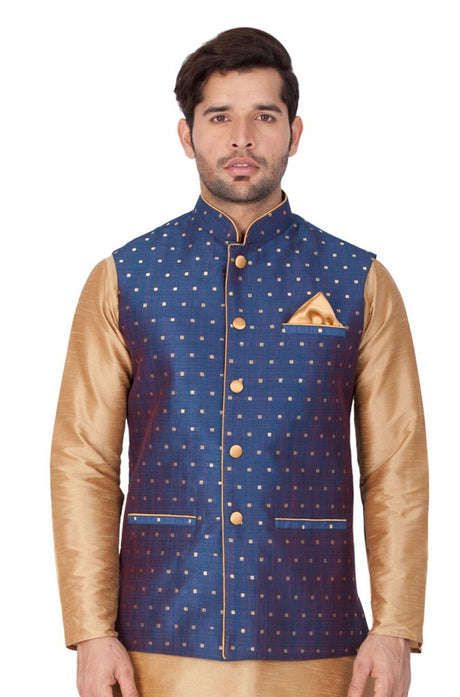 Men's Cotton Blend Woven Modi Nehru Jacket in Blue