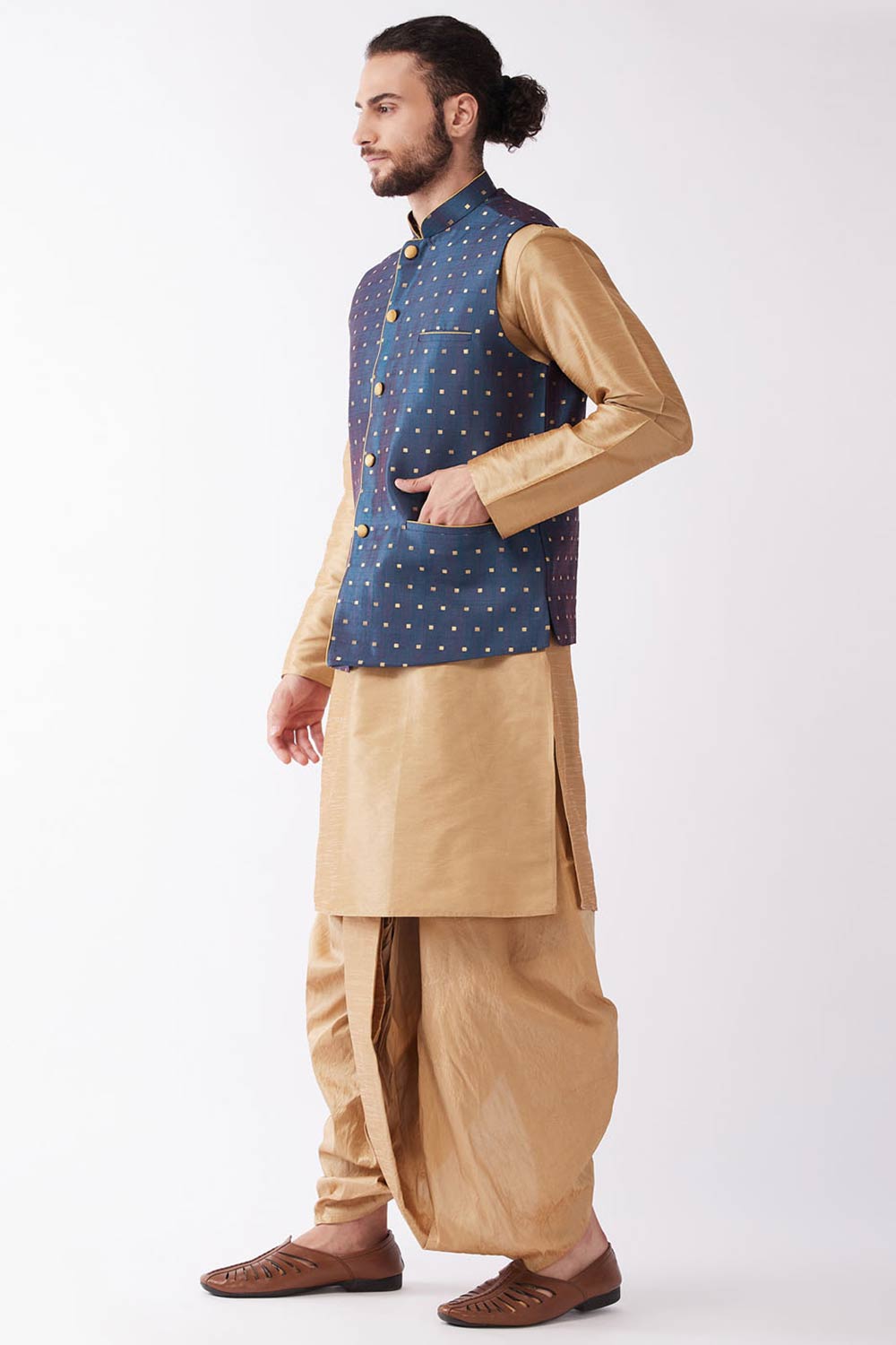 Buy Men's Blended Silk Buti Woven Kurta Set in Rose Gold - Front