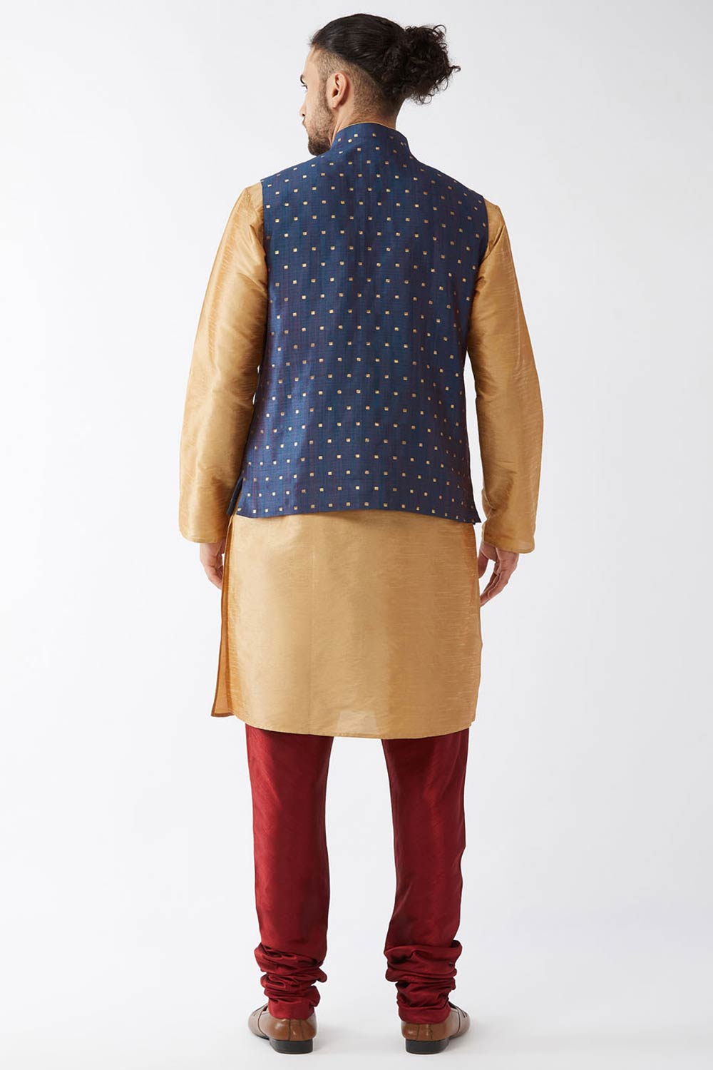 Buy Men's Blended Silk Woven Kurta Set in Rose Gold - Back