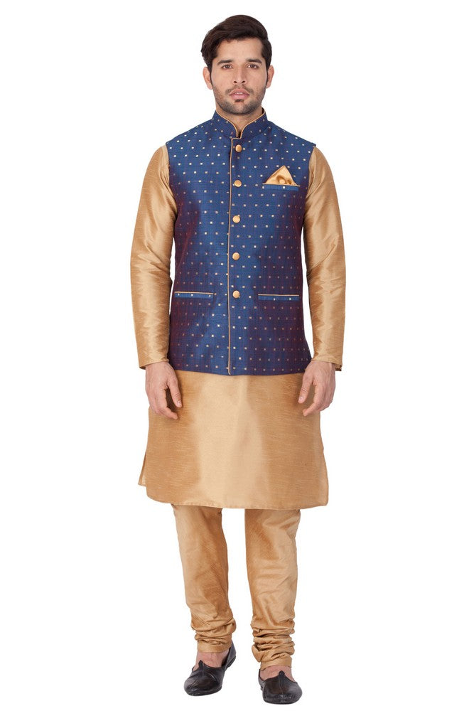 Men's Cotton Art Silk Solid Kurta Modi Jacket and Pajama Set in Gold