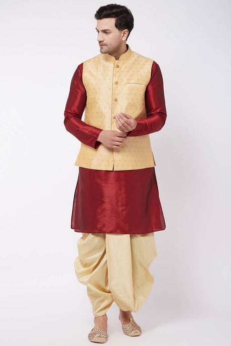 Buy Men's Blended Silk Buti Woven Kurta Set in Maroon