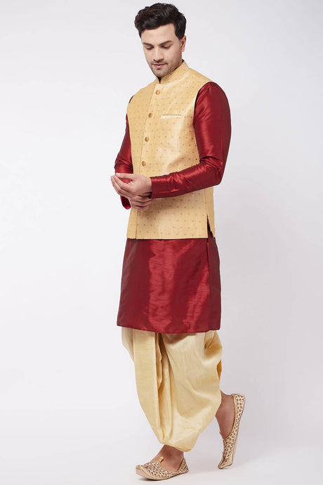 Buy Men's Blended Silk Buti Woven Kurta Set in Maroon - Front