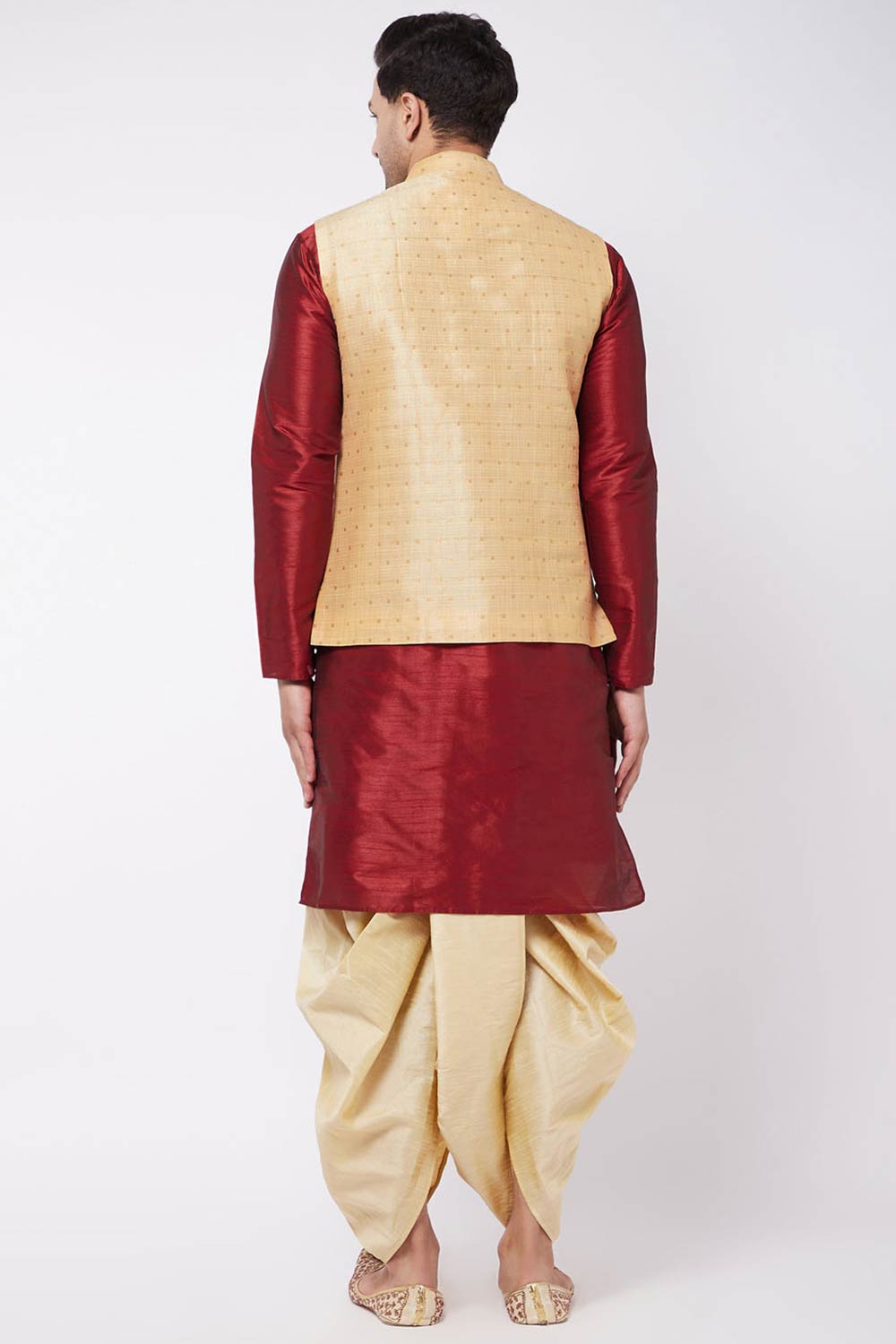 Buy Men's Blended Silk Buti Woven Kurta Set in Maroon - Back