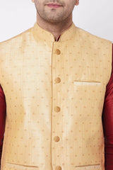 Buy Men's Blended Silk Buti Woven Kurta Set in Maroon - Side