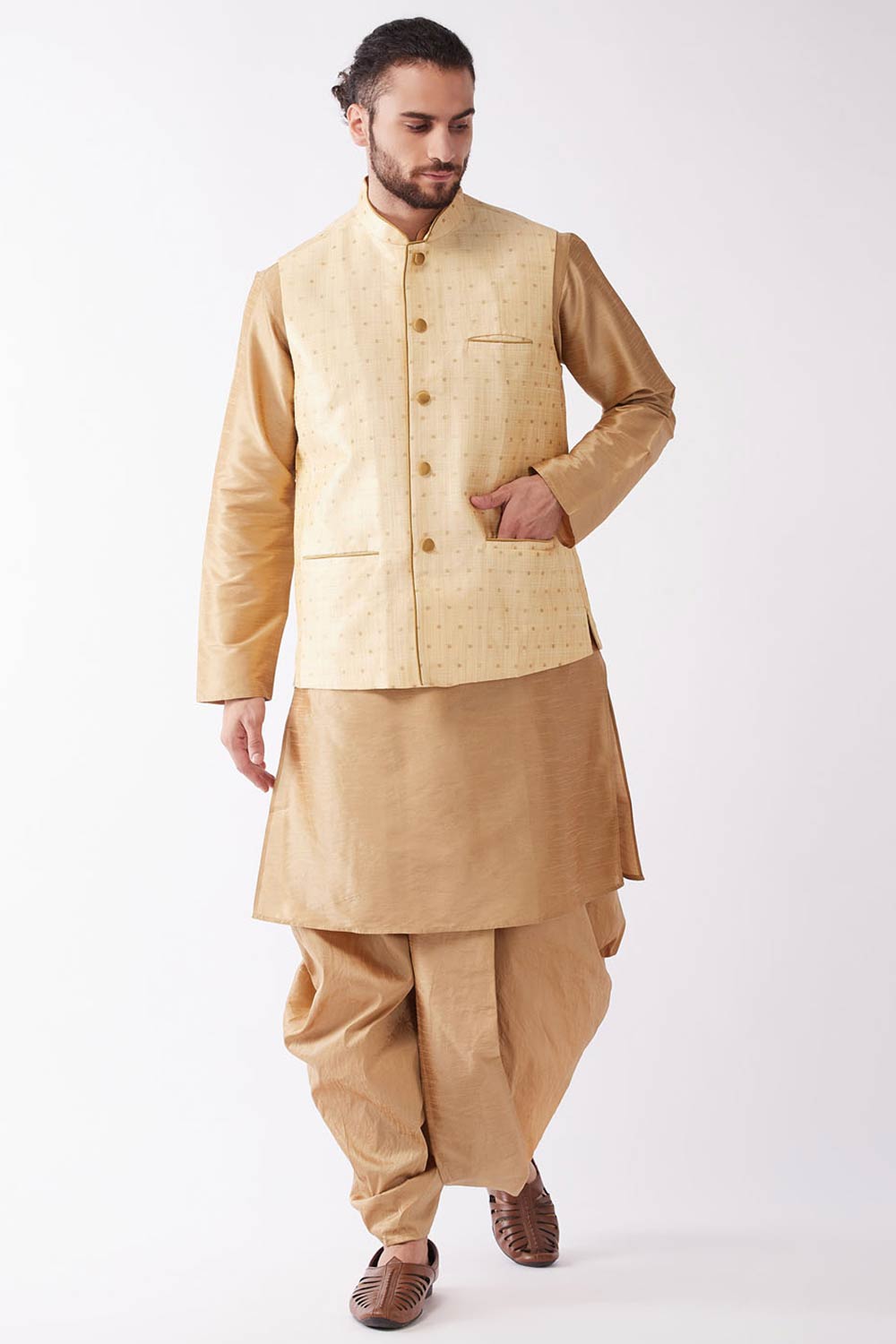 Buy Men's Blended Silk Buti Woven Kurta Set in Rose Gold