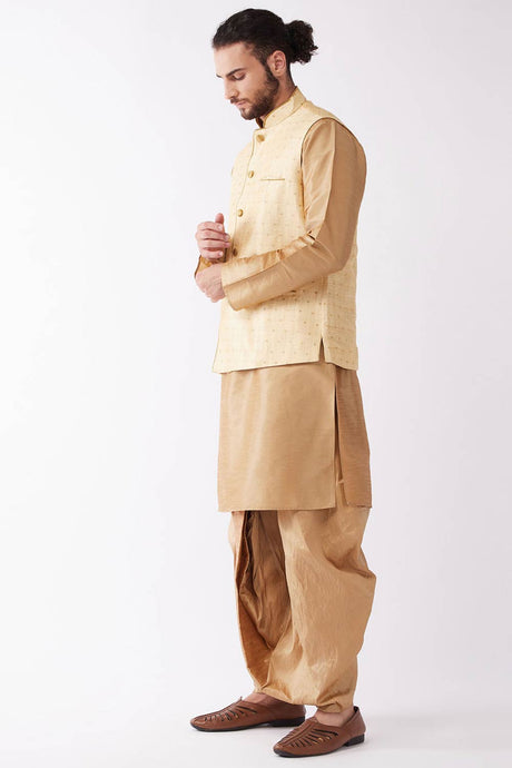 Buy Men's Blended Silk Buti Woven Kurta Set in Rose Gold - Front