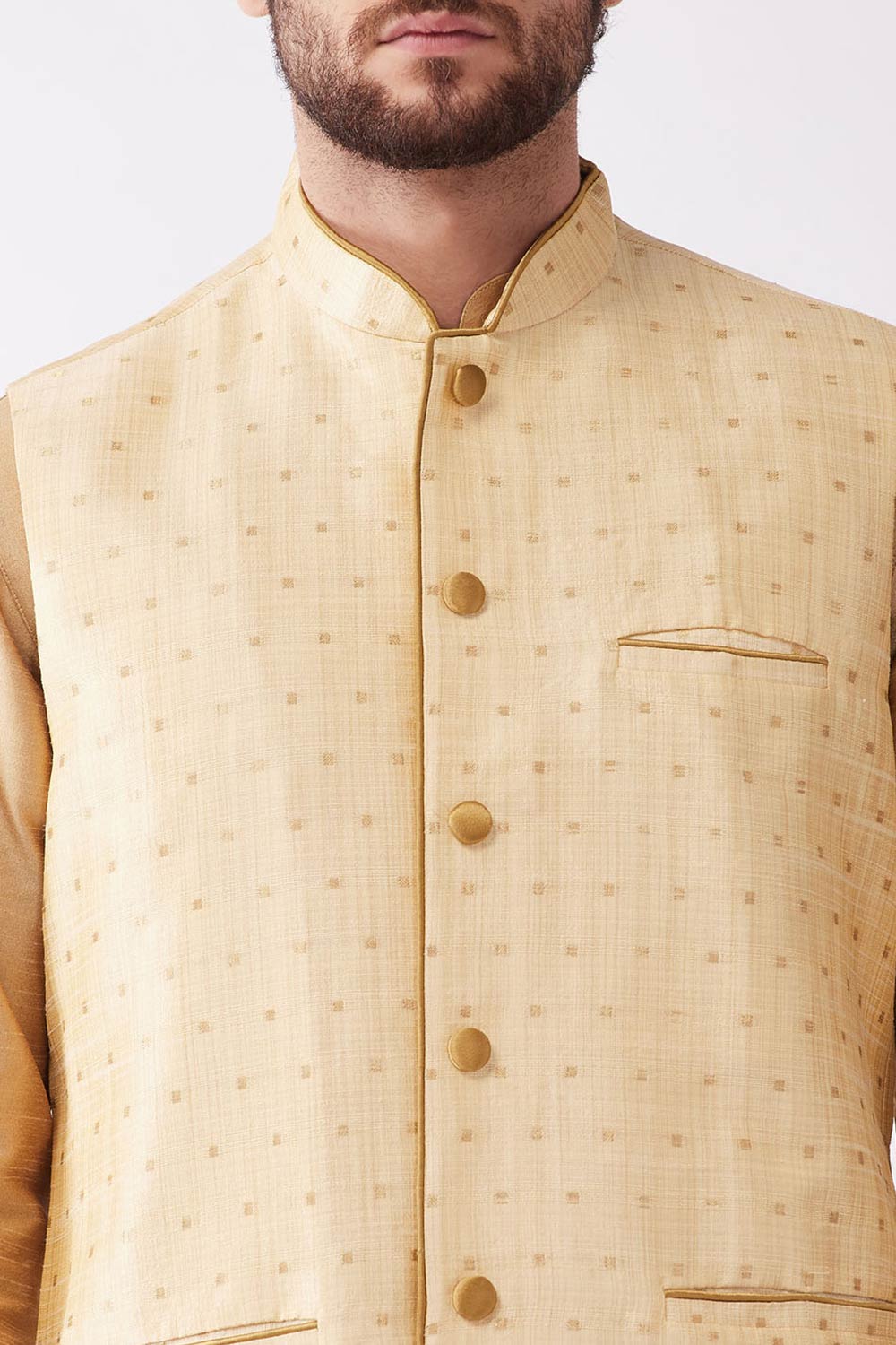 Buy Men's Blended Silk Buti Woven Kurta Set in Rose Gold - Side