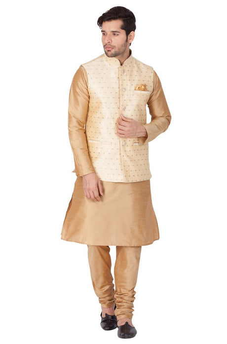 Men's Cotton Art Silk Solid Kurta Modi Jacket and Pajama Set in Gold