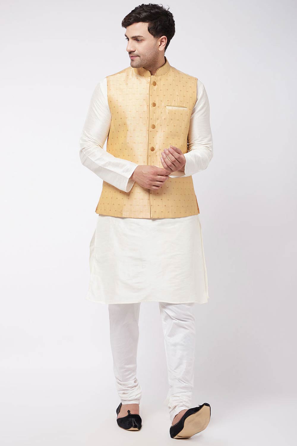 Buy Men's Blended Silk Woven Kurta Set in Cream