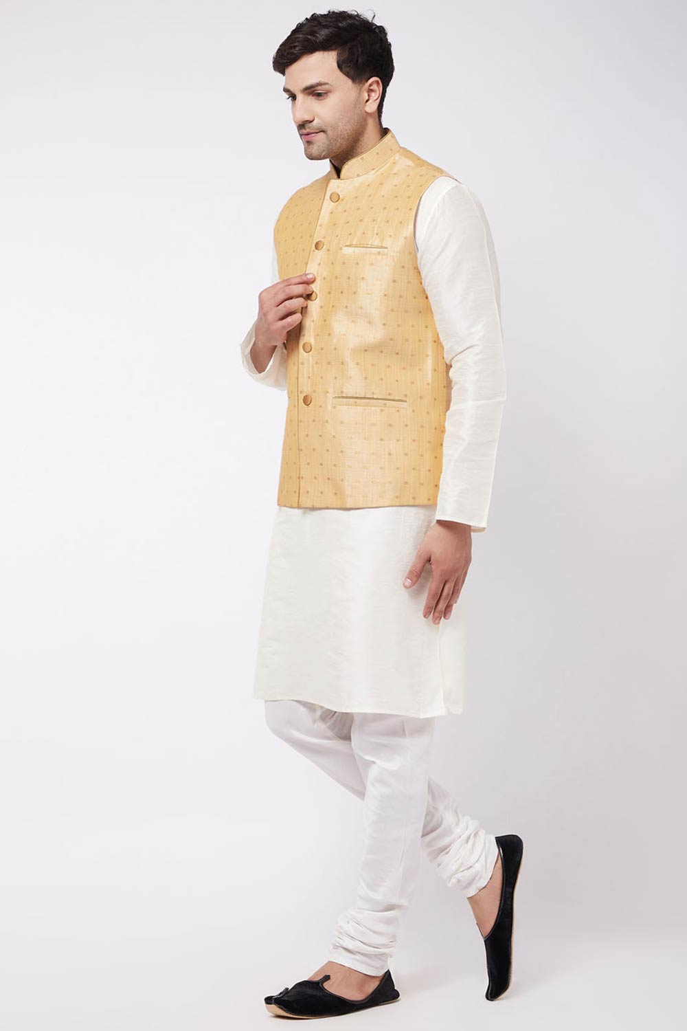 Buy Men's Blended Silk Woven Kurta Set in Cream - Front