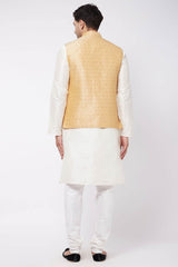 Buy Men's Blended Silk Woven Kurta Set in Cream - Back