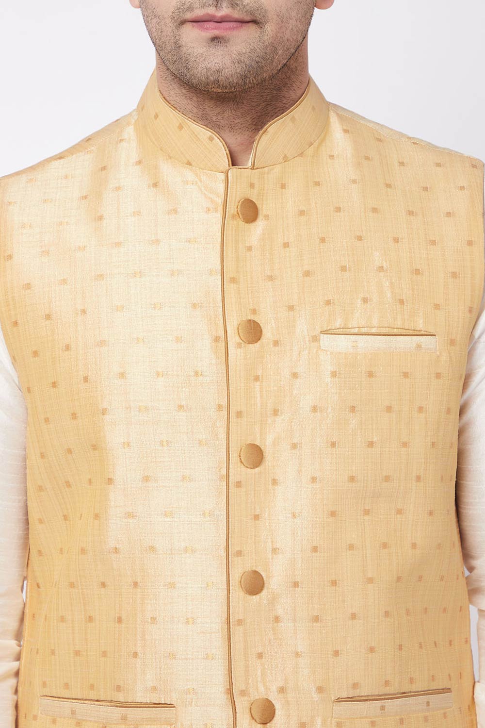 Buy Men's Blended Silk Woven Kurta Set in Cream - Side