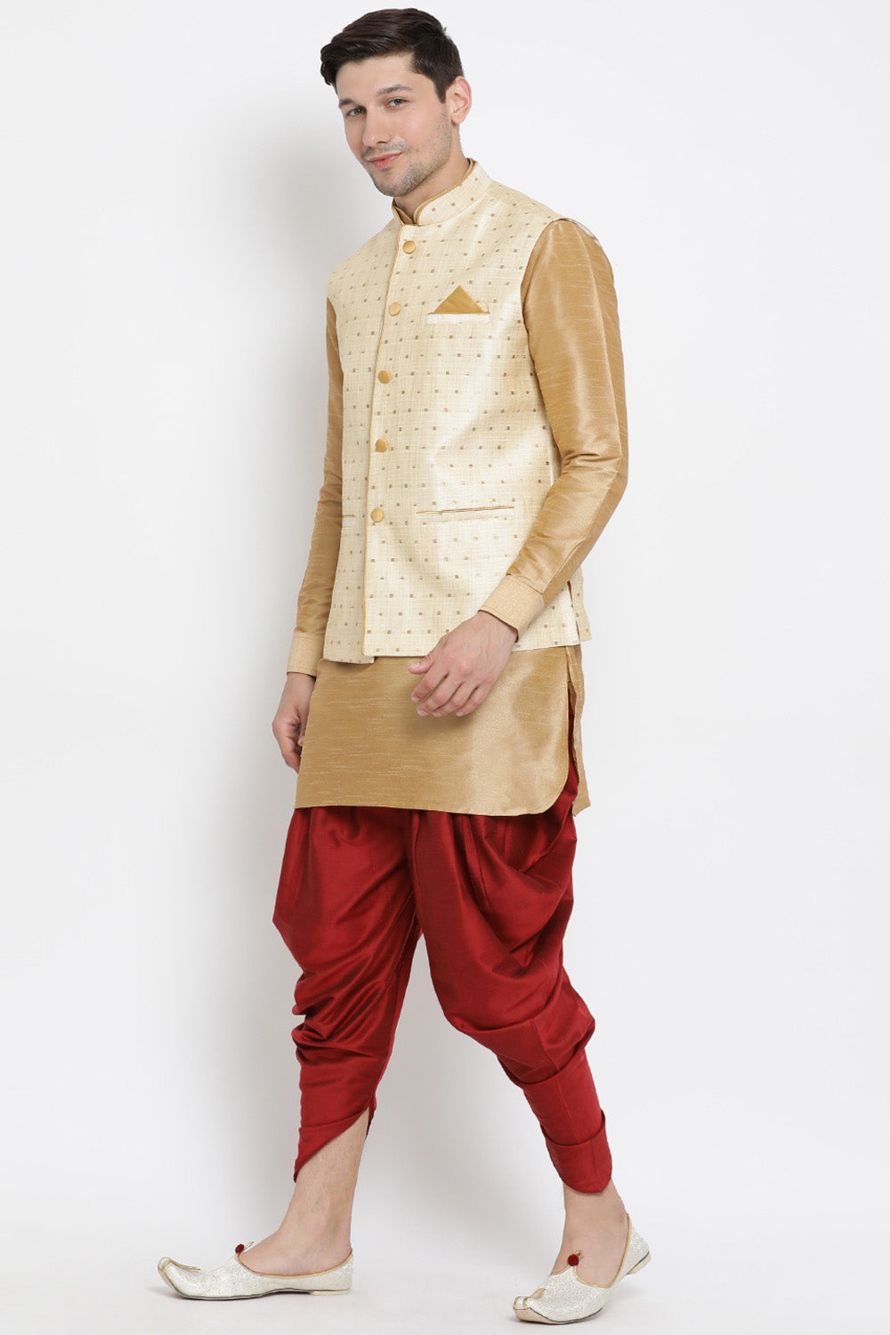 Men's Cotton Art Silk Kurta Set In Gold