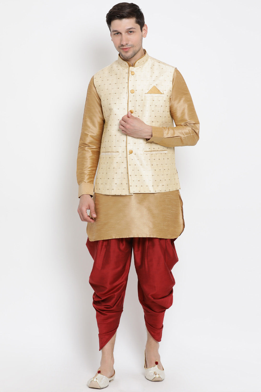 Men's Cotton Art Silk Kurta Set In Gold