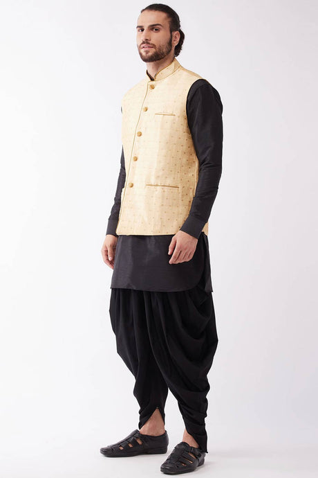 Buy Men's Blended Silk Woven Kurta Set in Black - Front