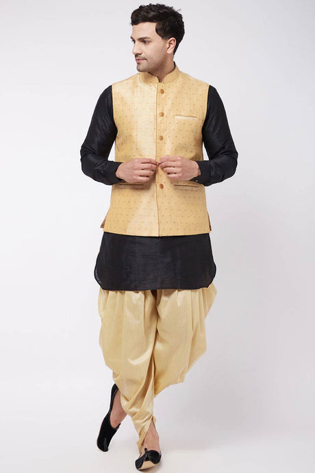 Buy Men's Blended Silk Woven Kurta Set in Black