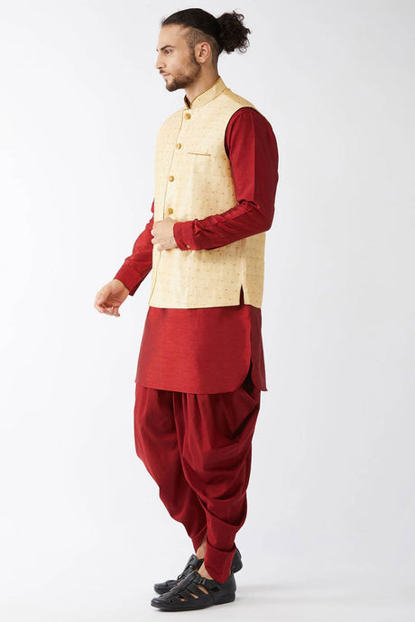 Buy Men's Blended Silk Woven Kurta Set in Maroon - Front