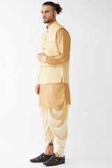 Buy Men's Blended Silk Woven Kurta Set in Rose Gold - Front