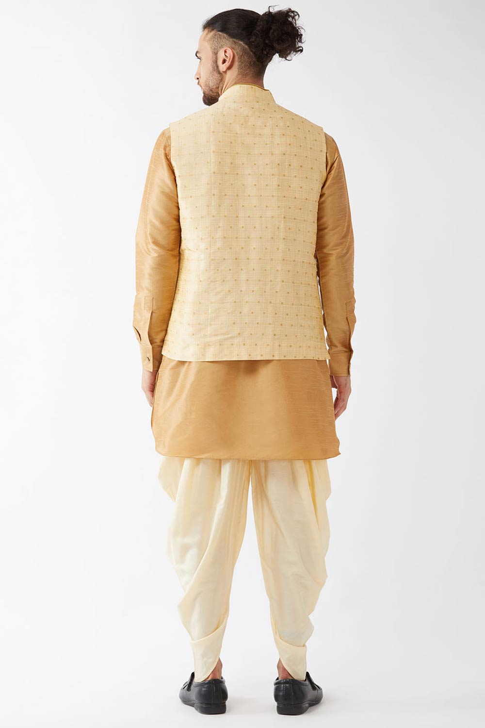Buy Men's Blended Silk Woven Kurta Set in Rose Gold - Back
