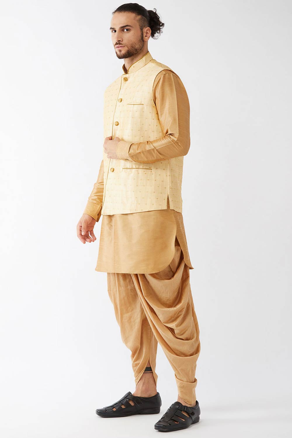 Buy Men's Blended Silk Woven Kurta Set in Rose Gold - Front