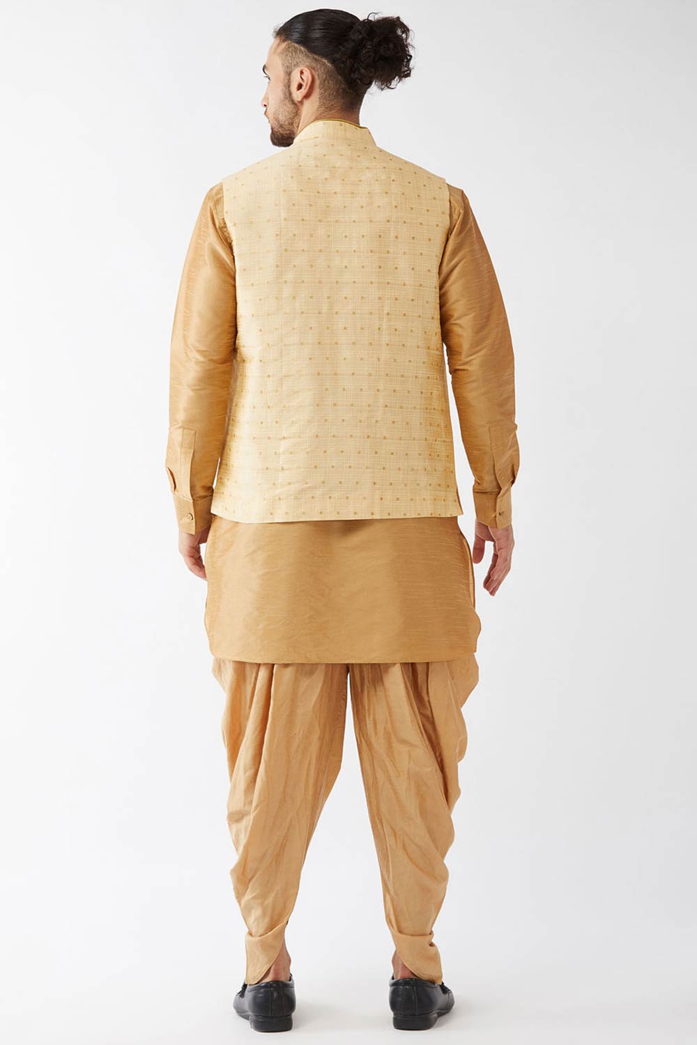 Buy Men's Blended Silk Woven Kurta Set in Rose Gold - Back