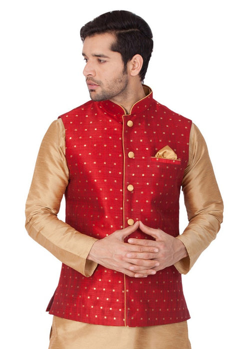 Men's Cotton Blend Woven Modi Nehru Jacket in Maroon