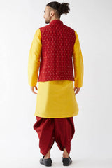 Buy Men's Blended Silk Woven Kurta Set in Yellow - Back